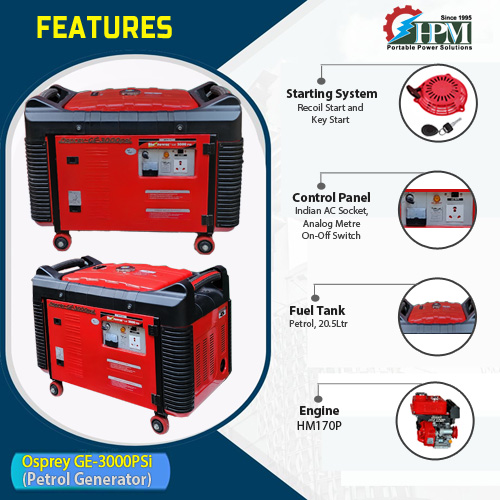 3 KVA very Light Weight & Powerful Portable Petrol Generator, Recoil & Self Start Model, Osprey GE-3000PSi